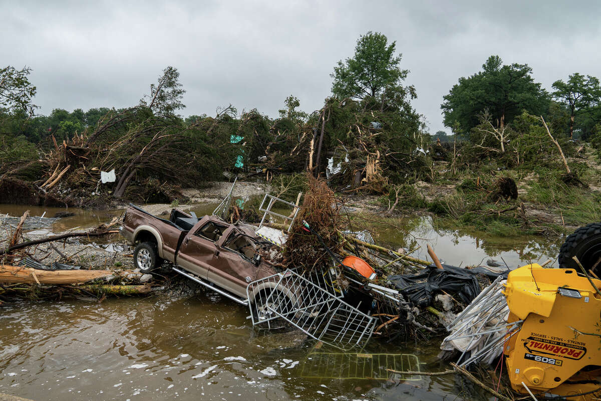 Flood waters left debris including vehicles and equipment scattered in Louise Hays Park on July 5, 2025 in Kerrville, Texas.