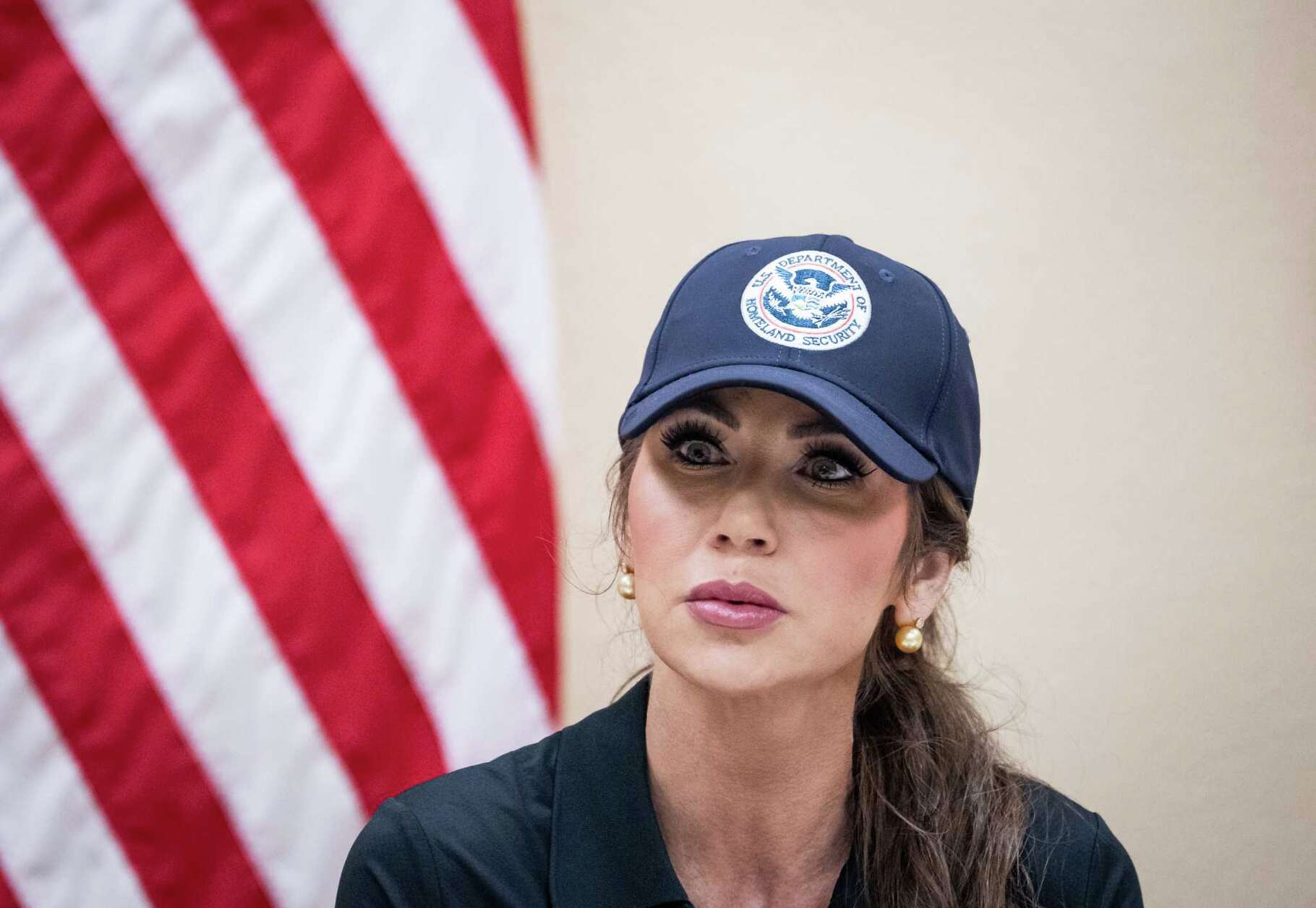 U.S. Secretary of Homeland Security Kristi Noem speaks to media during a press conference at the Hill Country Youth Community Center in response to disastrous flooding in Kerrville and the surrounding area, Texas, July 5, 2025. The Governor issued a State Disaster Proclamation and signed a request for a federal proclamation at the conference.