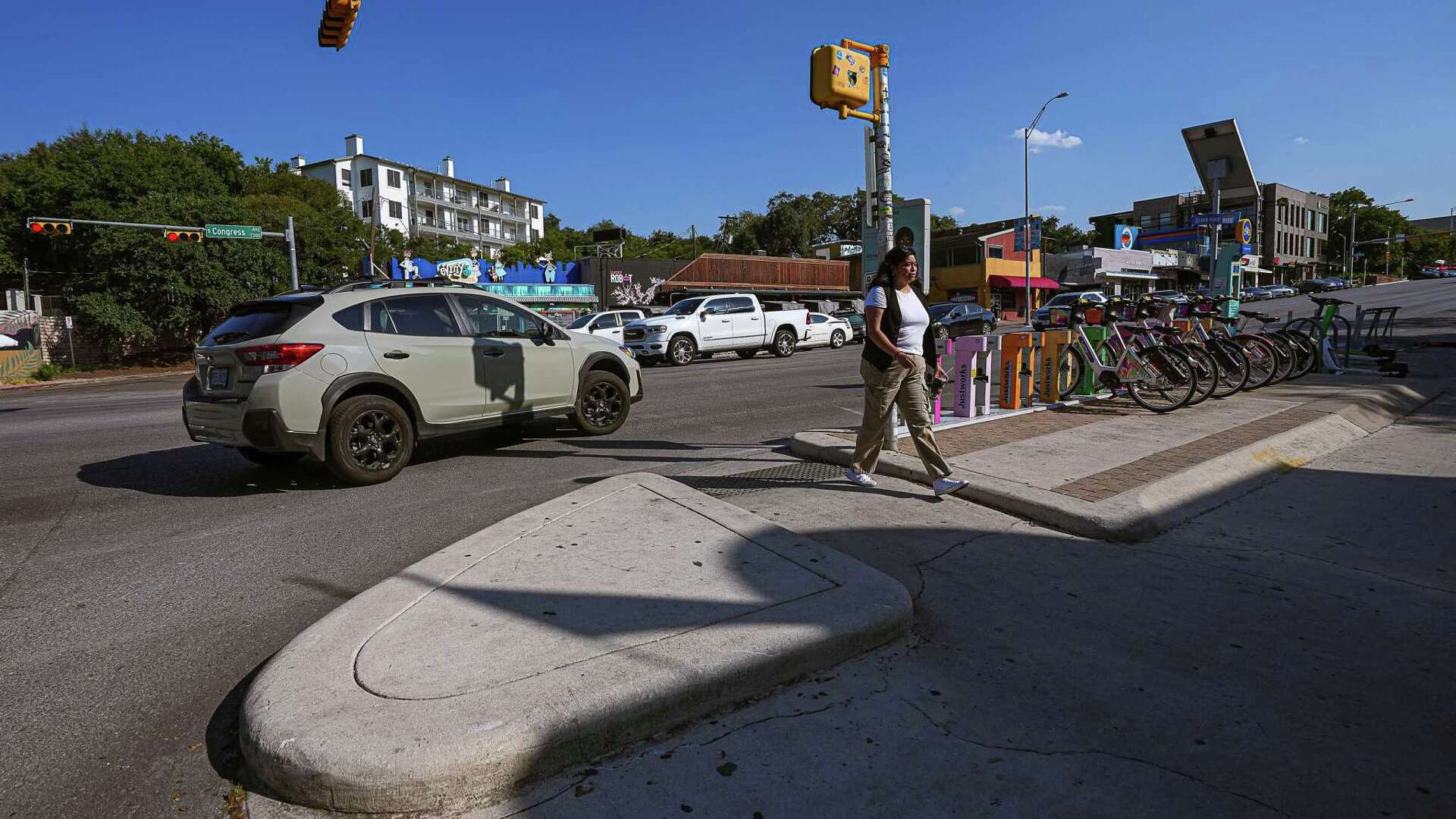 Intersection Islands Concrete islands at intersections can protect Austin walkers, drivers