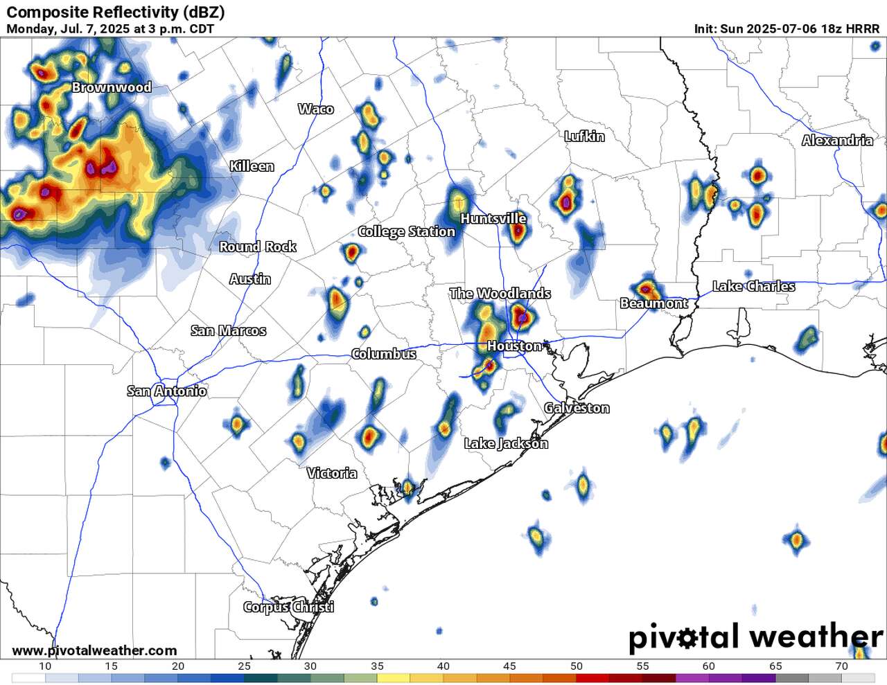 The High Resolution Rapid Refresh forecast model, shown here, expects numerous downpours to develop across the Houston area Monday afternoon.