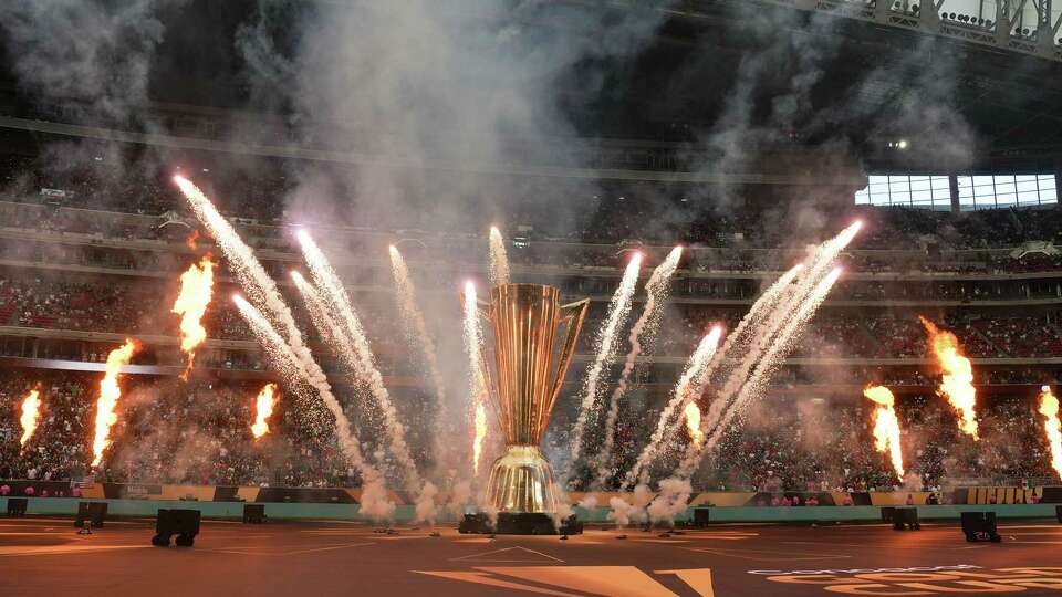 Pyrotechnics before the Concacaf Gold Cup finals between USA and Mexico at NRG Stadium in Houston on Sunday, July 6, 2025.