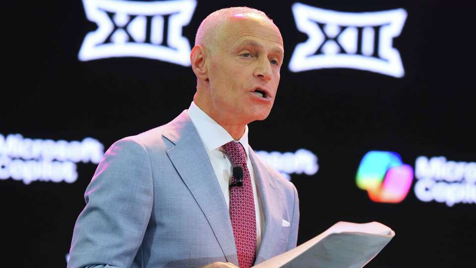 Big 12 Commissioner Brett Yormark speaks at the Big 12 NCAA college football media days in Frisco, Texas, Tuesday, July 8, 2025. (AP Photo/LM Otero)