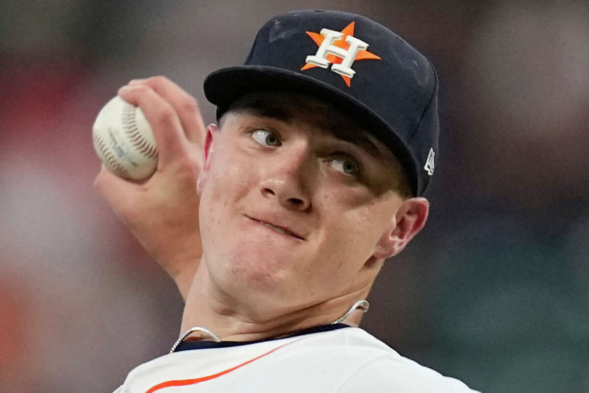 Houston Astros starting pitcher Hunter Brown throws against the Cleveland Guardians during the first inning of a baseball game Tuesday, July 8, 2025, in Houston. (AP Photo/David J. Phillip)
