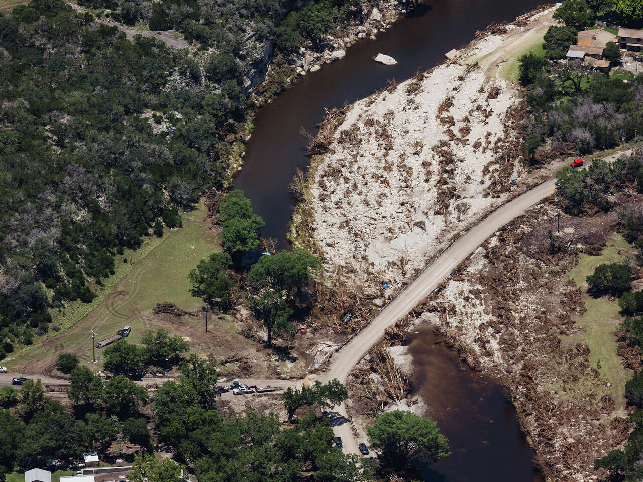 Flood damaged areas along the Guadalupe River near Camp Mystic in Hunt on Tuesday, July 8, 2025.