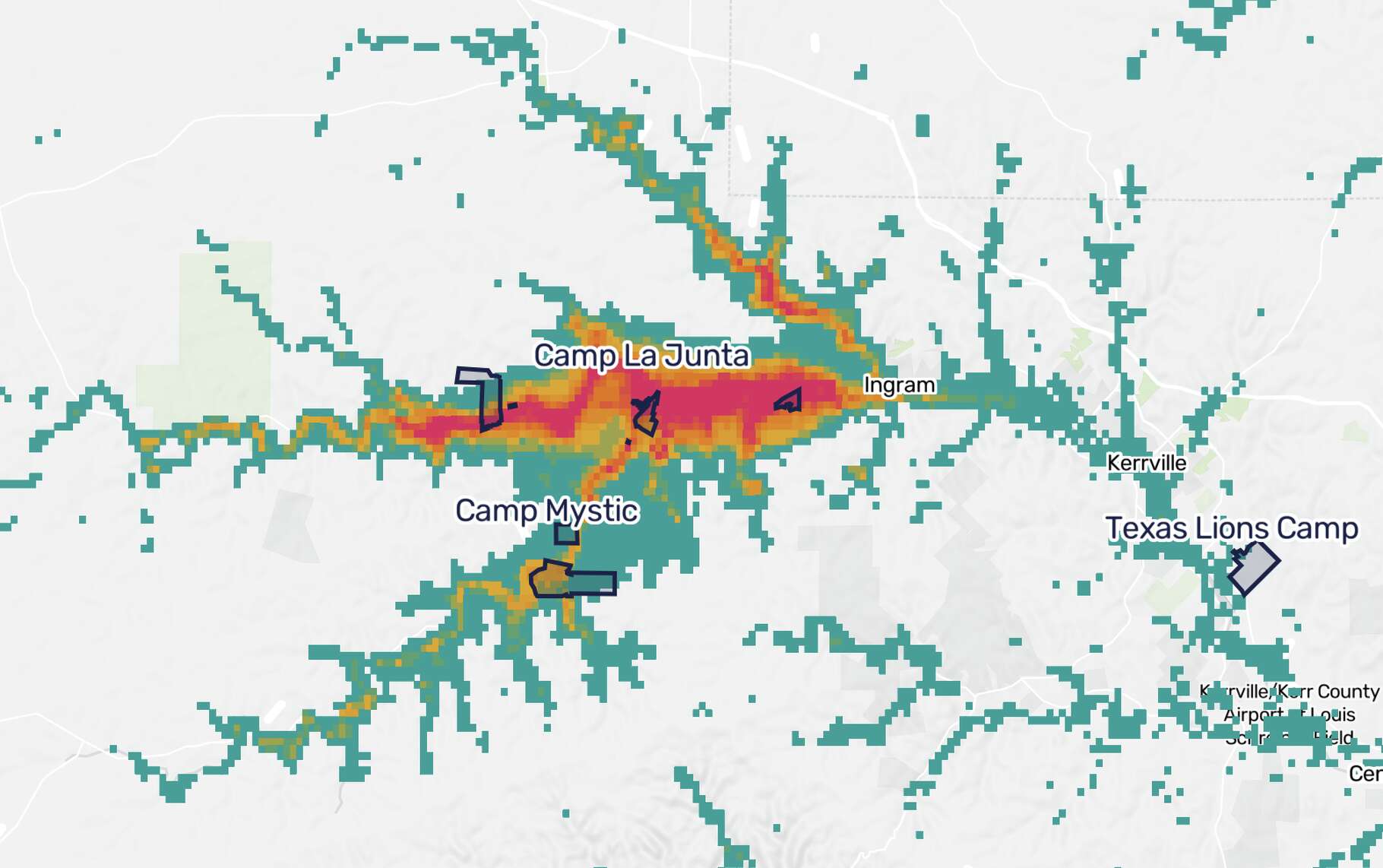 Estimated flooding severity along the banks of the Guadalupe River at 5 a.m. on July 4, 2025.