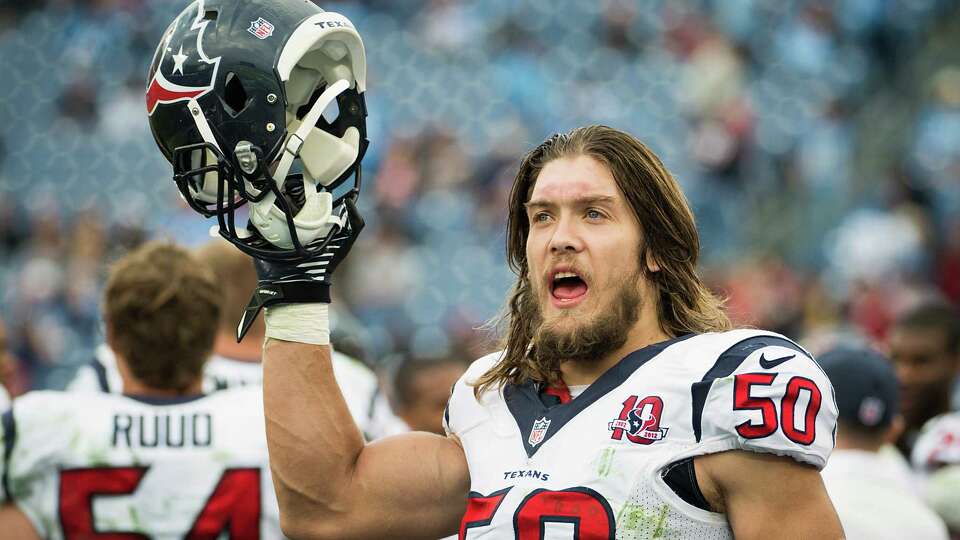 Houston Texans linebacker Bryan Braman (50) takes off his helmet on the sidelines during the final seconds of a victory over the Tennessee Titans in an NFL football game against at LP Field on Sunday, Dec. 2, 2012, in Nashville.
