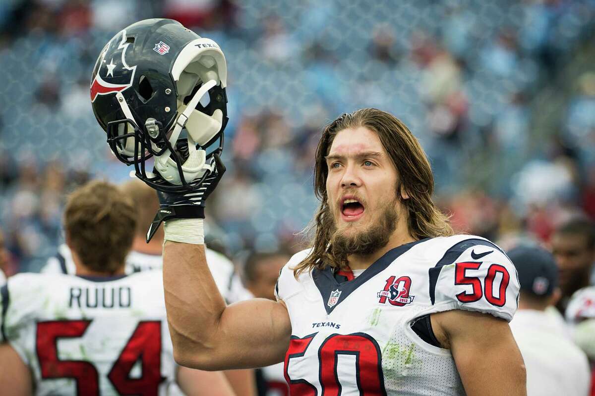 Houston Texans linebacker Bryan Braman (50) takes off his helmet on the sidelines during the final seconds of a victory over the Tennessee Titans in an NFL football game against at LP Field on Sunday, Dec. 2, 2012, in Nashville.