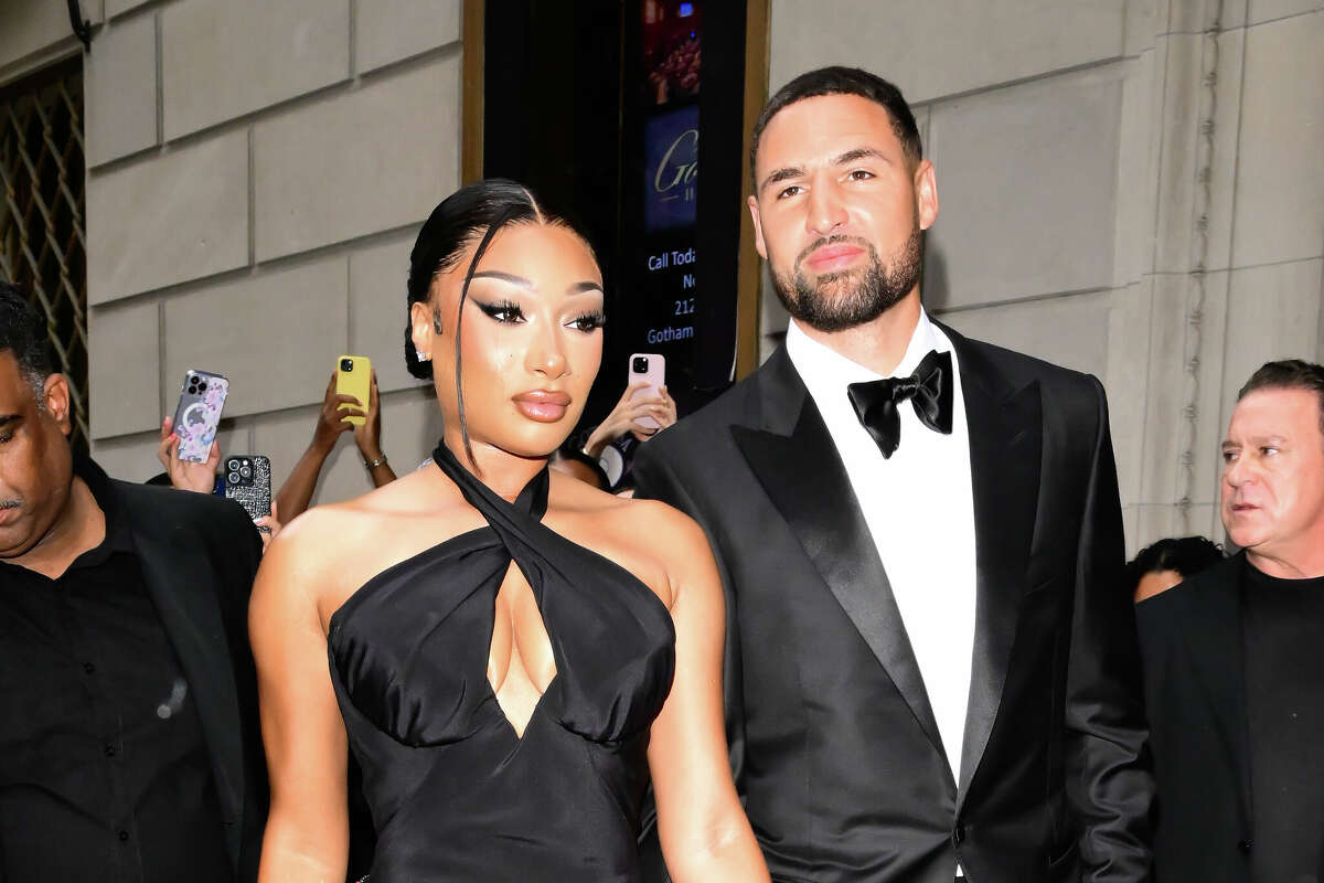 NEW YORK, NEW YORK - JULY 16: Megan Thee Stallion and Klay Thompson are seen on July 16, 2025 in New York City. (Photo by Raymond Hall/GC Images)