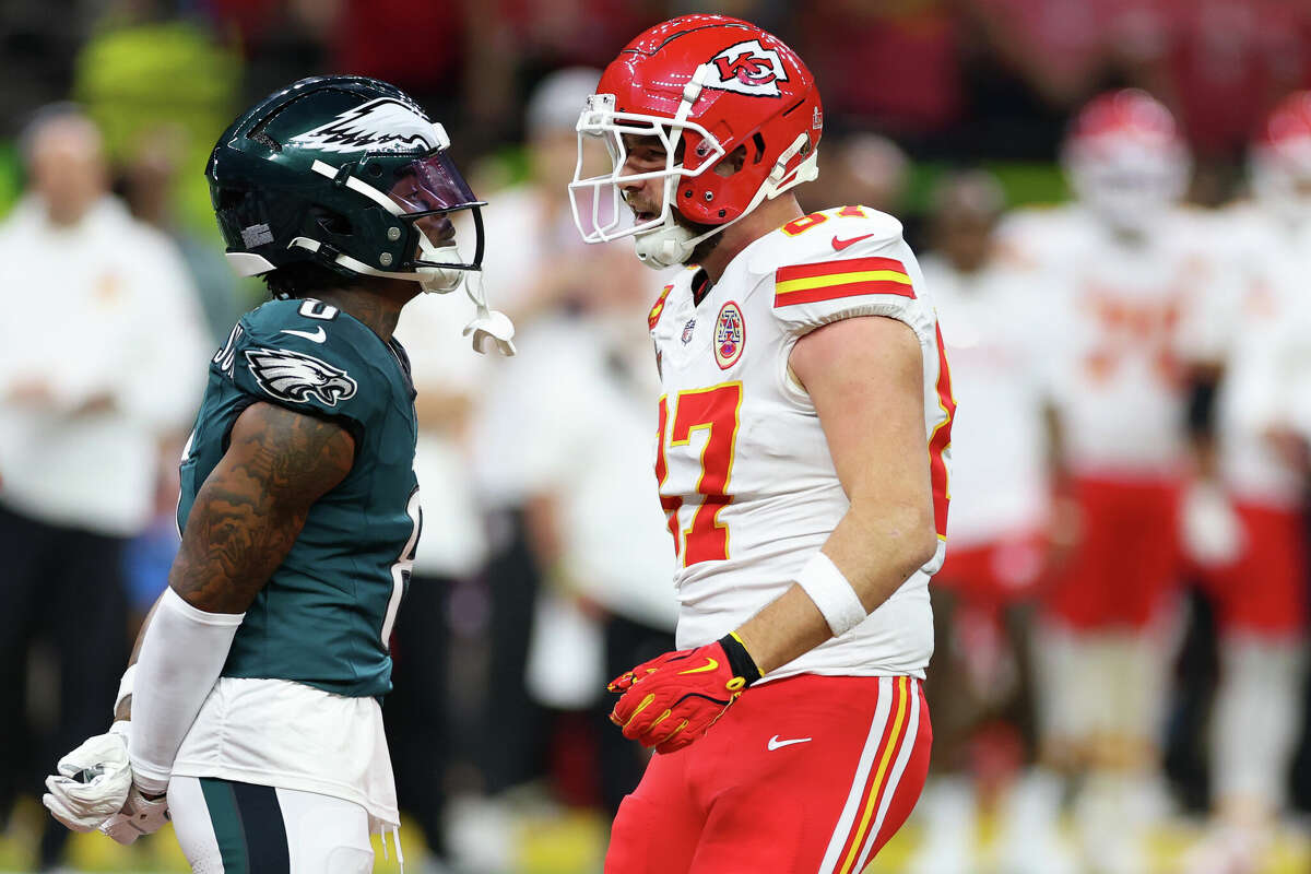 C.J. Gardner-Johnson and Travis Kelce face off during Super Bowl LIX.