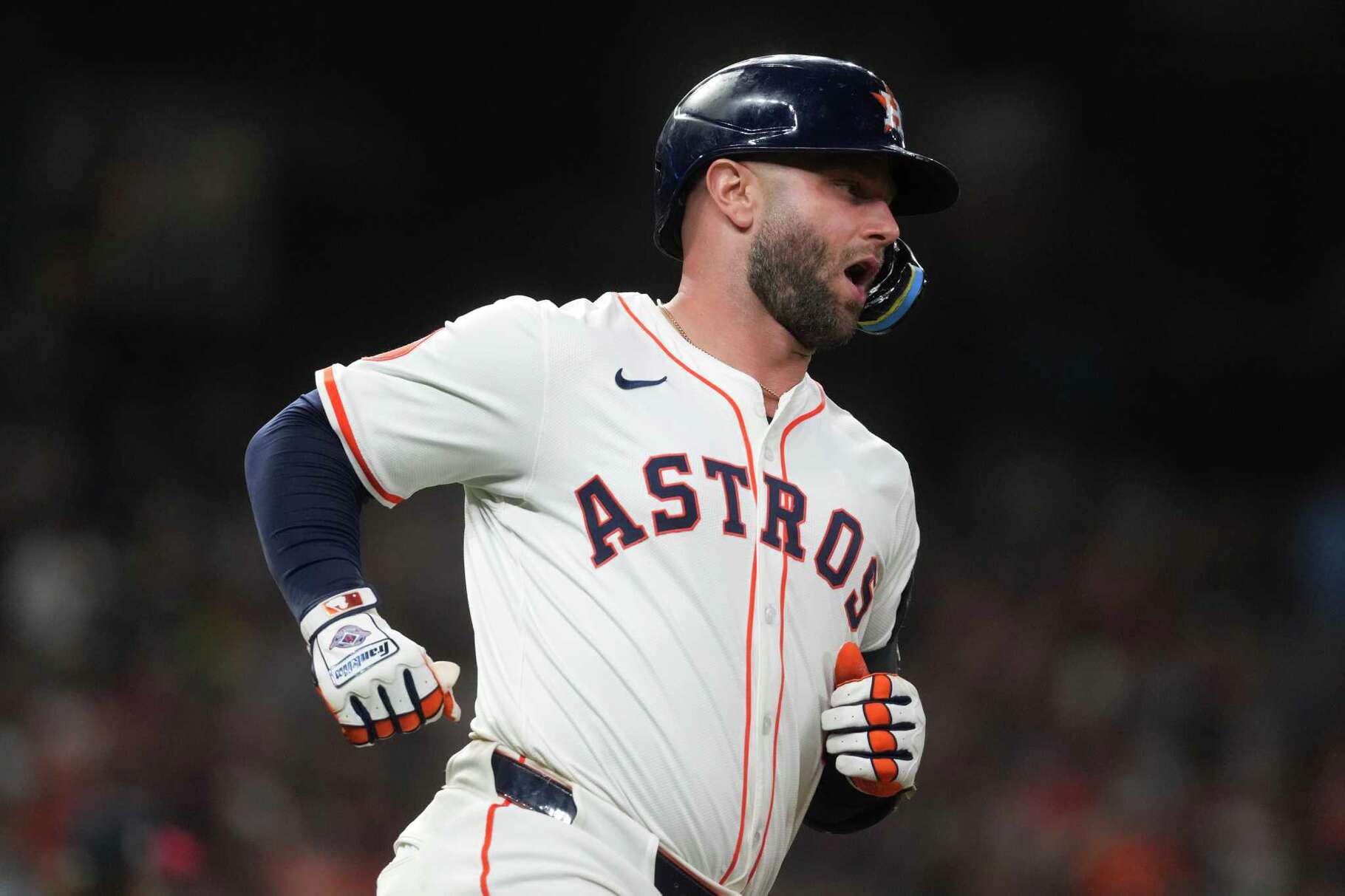 Houston Astros Christian Walker (8) reacts after hitting a single fifth the fourth inning of an MLB baseball game in Houston, Tuesday, July 29, 2025.