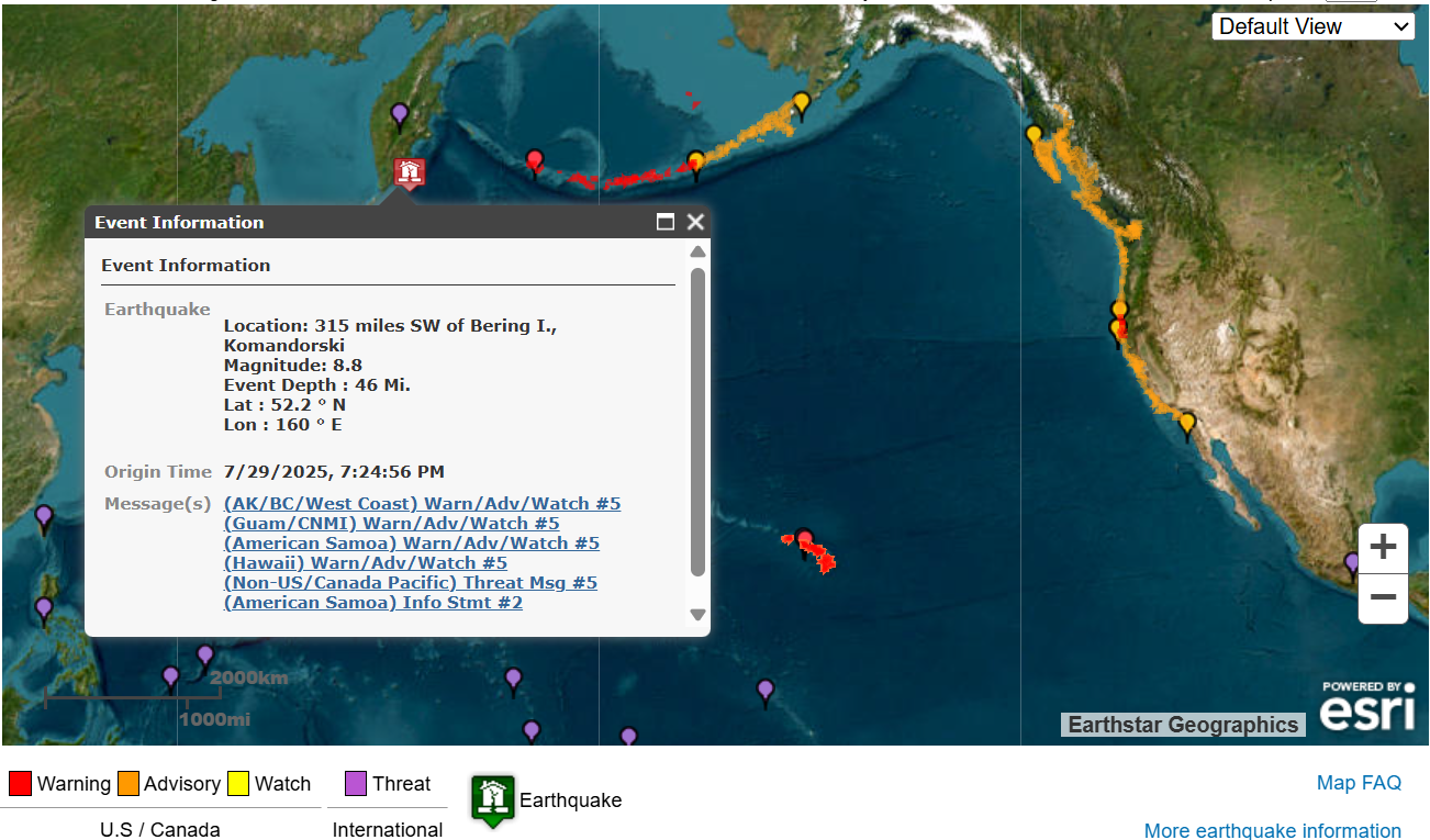 Tsunami Watches and Warnings issued for Hawaii, West Coast of US