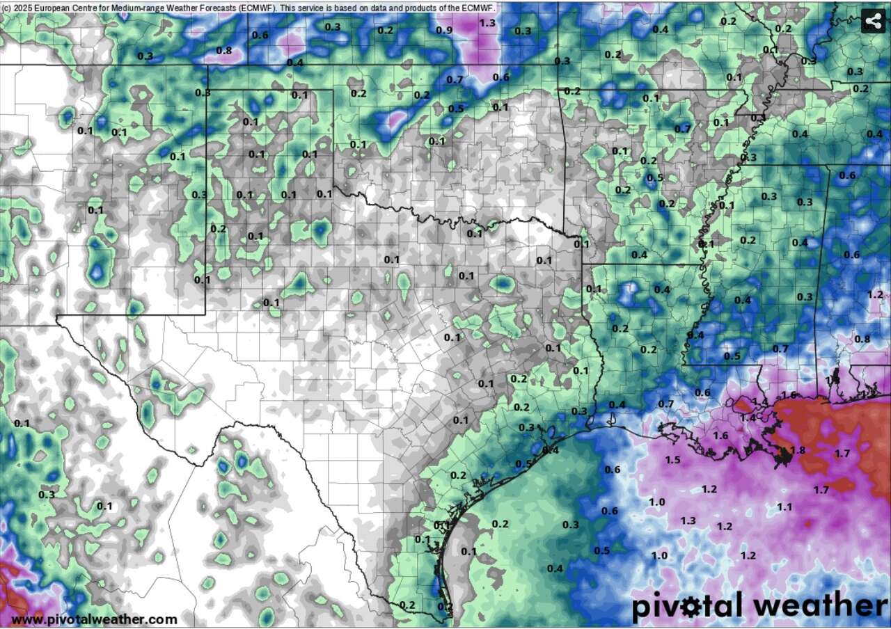 Shown are the potential cumulative rainfall totals across the southern United States over the next seven days, according to the ECMWF, also known as the European weather forecast model. A “ring of fire” weather pattern can be seen, as rain surrounds Texas, but most of the state stays dry.