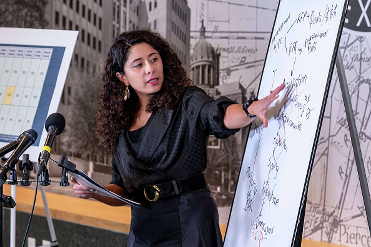 HOUSTON, TEXAS - Harris County Judge Linda Hidalgo walked out of a chaotic commissioners court meeting Thursday. (Kirk Sides/Houston Chronicle via Getty Images)