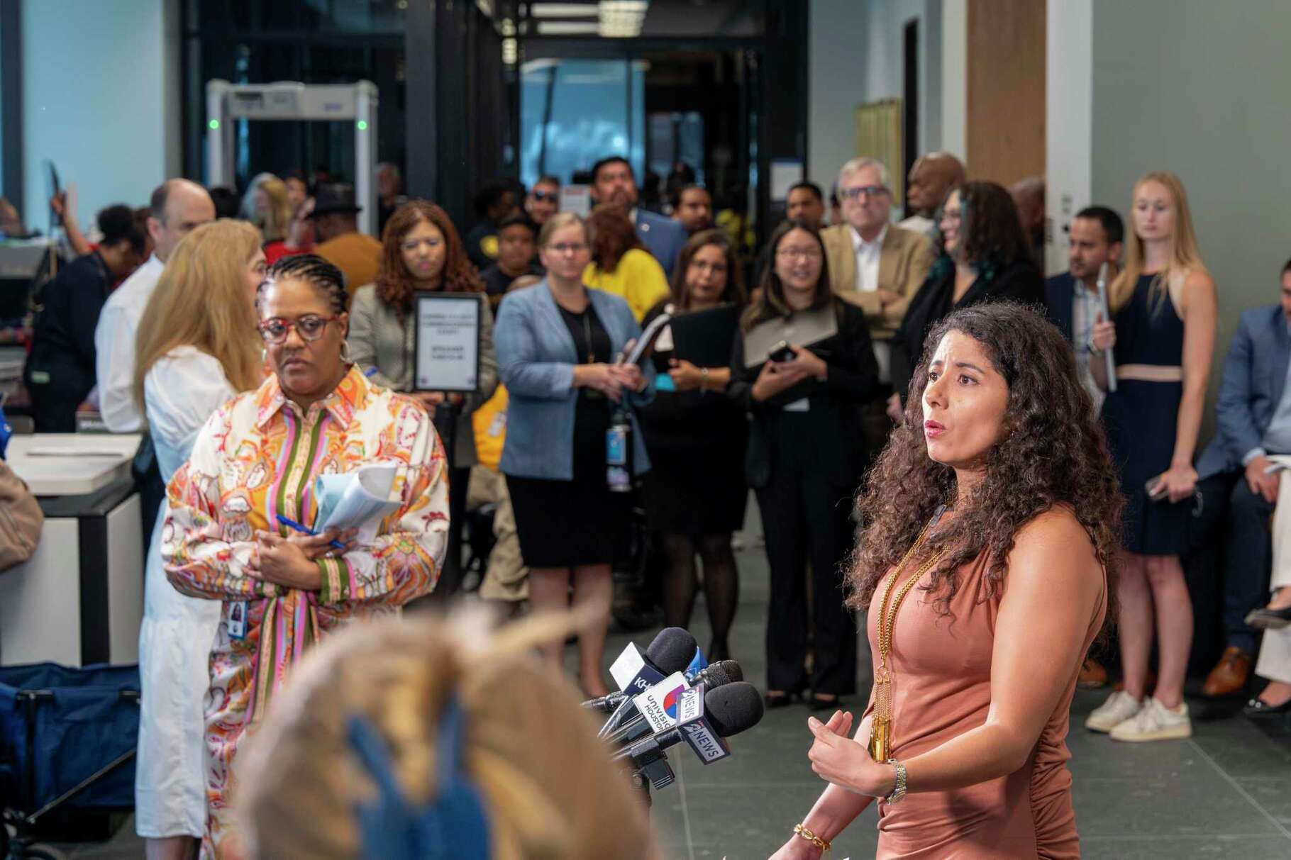 Harris County Judge Lina Hidalgo comments on the county deficits and potential cuts to the budget during a news briefing in Houston, Thursday, Aug. 14, 2025.