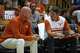Texas Longhorns head coach Jerritt Elliott, left, talks to assistant head coach Ben Josephson, right, ahead of the game against Utah at Gregory Gymnasium on Friday, Aug. 15, 2025 in Austin, Texas.