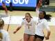 Texas Longhorns setter Ella Swindle (1) and outside hitter Torrey Stafford (4) celebrate a score during the game against Utah at Gregory Gymnasium on Friday, Aug. 15, 2025 in Austin, Texas.