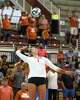 Texas Longhorns setter Ella Swindle (1) serves during the game against Utah at Gregory Gymnasium on Friday, Aug. 15, 2025 in Austin, Texas.