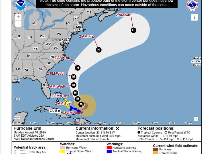 Projected Path Is Hurricane Erin hitting Texas? Track projected path of Cat 4 storm