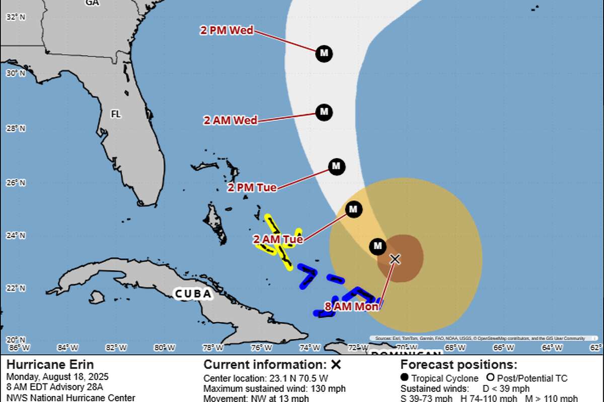 Shown is the forecast track of Hurricane Erin through Wednesday. After lashing the Bahamas and Turks and Caicos with tropical-storm-force winds and heavy rain, Erin is expected to cause rough surf and dangerous rip currents along the U.S. east coast.