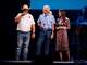 Kendra Scott is joined onstage by Razor Dobbs, Public Information Officer for the Center Point Volunteer Fire Department, and Center Point Fire Chief Charles Holt at the "Band Together Texas" flood benefit concert at Moody Center on Sunday, August 17.