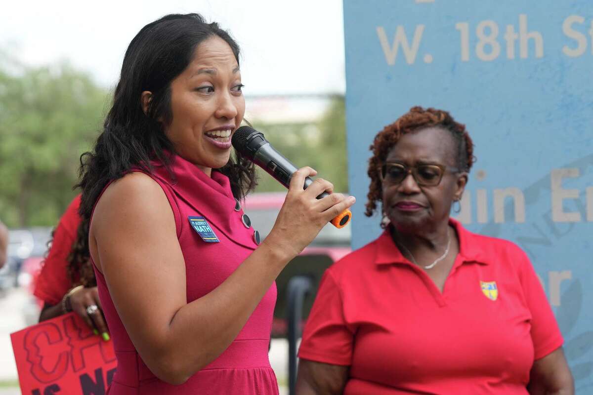 Audrey Nath, a candidate for HISD District VII Trustee, speaks during a Houston Federation of Teachers’ rally for HISD pay raises in front of Hattie Mae White Educational Support Center in Houston on Wednesday, Aug. 27, 2025.