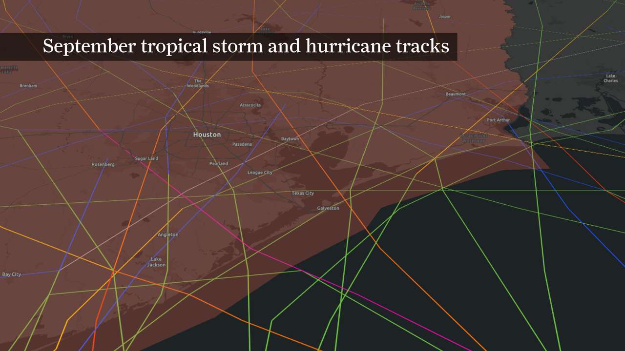 This map shows where tropical storms and hurricanes have tracked across the upper Texas Gulf Coast in September.
