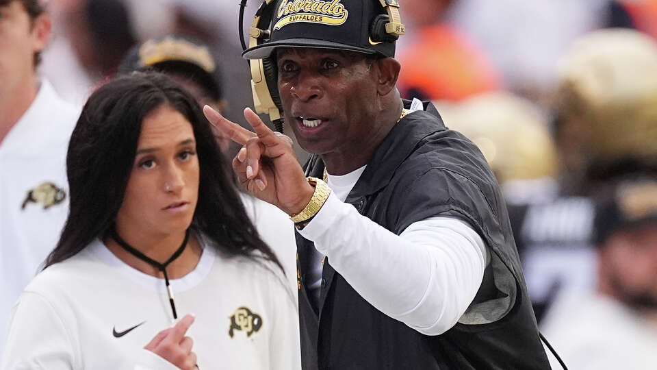 Colorado head coach Deion Sanders directs his players against Georgia Tech in the first half of an NCAA college football game Friday, Aug. 29, 2025, in Boulder, Colo.