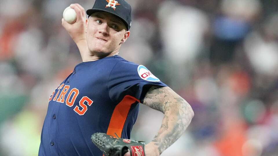 Houston Astros pitcher Hunter Brown (58) pitches in the third inning against the Los Angeles Angels at Daikin Park in Houston on Sunday, Aug. 31, 2025.