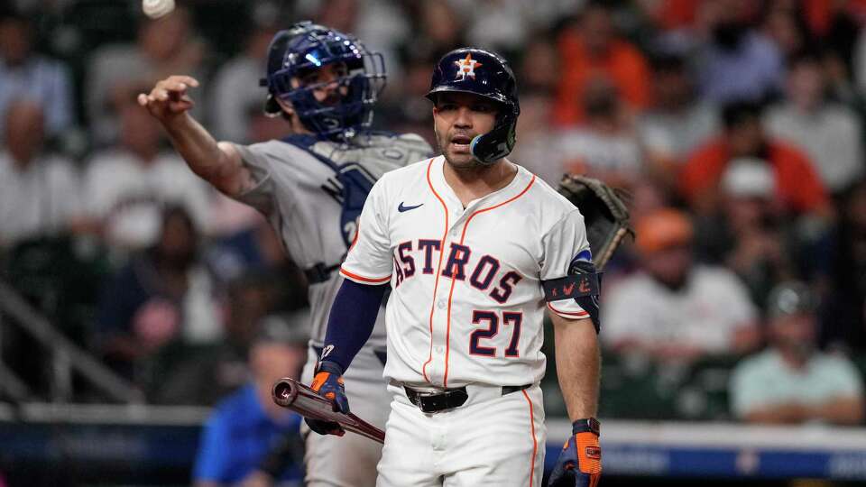 Houston Astros outfielder Jose Altuve (27) reacts after striking out during the eighth inning of a Major League Baseball game against the New York Yankees at Daikin Park in Houston, Tuesday, Sept. 2, 2025.
