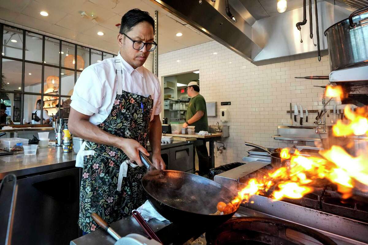 Chef Gabriel Medina cooks at his pop-up being held at Third Place, the daytime concept operating in the same space as the restaurant Jun in Houston, Wednesday, Sept. 3, 2025. Medina is a participant in Southern Smoke Foundation’s Behind You program, which offers free counseling for qualifying restaurant workers across the country.