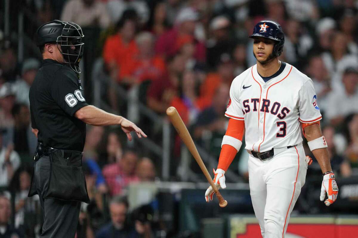 Houston Astros Jeremy Peña (3) reacts after being called out on strikes during the third inning of a MLB baseball game in Houston, Wednesday, Sept. 3, 2025.