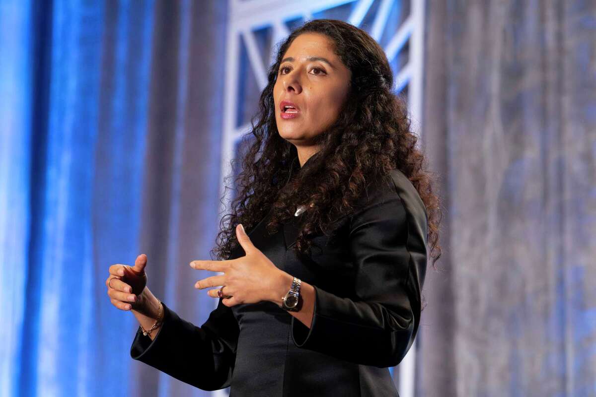 Harris County Judge Lina Hidalgo speaks during the Harris County State of the County luncheon in Houston, Friday, Sept. 5, 2025.