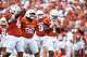 The Texas Longhorns celebrate a sack by edge rusher Colin Simmons (1) during the game against San José State at Darrell K Royal–Texas Memorial Stadium on Saturday, Sept. 6, 2025.