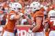 Texas Longhorns quarterback Arch Manning (16) celebrates a touchdown pass to tight end Jack Endries (88) during the game at Darrell K Royal–Texas Memorial Stadium on Saturday, Sept. 6, 2025.