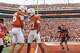 \Texas Longhorns quarterback Arch Manning (16) and Texas Longhorns wide receiver Daylan McCutcheon (17) celebrate Manning’s touchdown during the game against San Jose State at Darrell K Royal–Texas Memorial Stadium in Austin, Saturday, Sept. 6, 2025.
