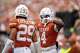 Texas Longhorns defensive back Jelani McDonald (4) motions a thumbs down to Texas Longhorns defensive back Graceson Littleton (29) after defending a play during the game against San Jose State at Darrell K Royal–Texas Memorial Stadium in Austin, Saturday, Sept. 6, 2025.