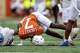Texas Longhorns receiver Kaliq Lockett (7) is tackled during the game against San José State at Darrell K Royal–Texas Memorial Stadium on Saturday, Sept. 6, 2025.