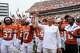 Texas Longhorns head coach Steve Sarkisian and the team celebrate after the 38-7 win over San José State at Darrell K Royal–Texas Memorial Stadium on Saturday, Sept. 6, 2025.