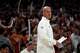 Texas Longhorns head coach Jerritt Elliott walks the sideline during the match against Stanford at the Moody Canter on Sunday, Sept. 7, 2025 in Austin.