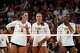 Texas Longhorns setter Ella Swindle (1) outside hitter Torrey Stafford (4) and middle blocker Ayden Ames (5) stand at the net during the match against Stanford at the Moody Canter on Sunday, Sept. 7, 2025 in Austin.