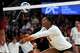 Texas Longhorns middle blocker Nya Bunton (55) returns a serve during the match against Stanford at the Moody Canter on Sunday, Sept. 7, 2025 in Austin.