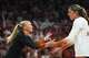 Texas Longhorns setter Ella Swindle (1) and libero Emma Halter (2) celebrate a score during the match against Stanford at the Moody Canter on Sunday, Sept. 7, 2025 in Austin.