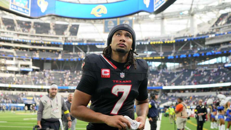 Houston Texans quarterback C.J. Stroud (7) walks off the field after losing to the Los Angeles Rams 14-9 during an NFL football game at SoFi Stadium in Inglewood, Calif., Sunday, Sept. 7, 2025.