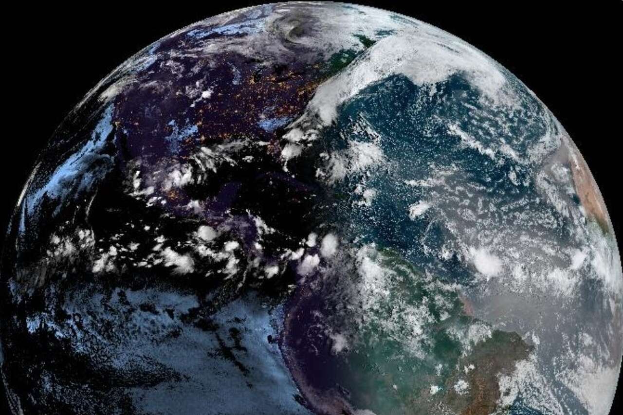 As we get closer to the autumnal equinox, when the sun shines equal amounts of light on the planet's northern and southern hemispheres (and the traditional start of fall), the Earth’s sunrise shadow becomes more perpendicular to the equator. This weather satellite photo was taken Monday morning.