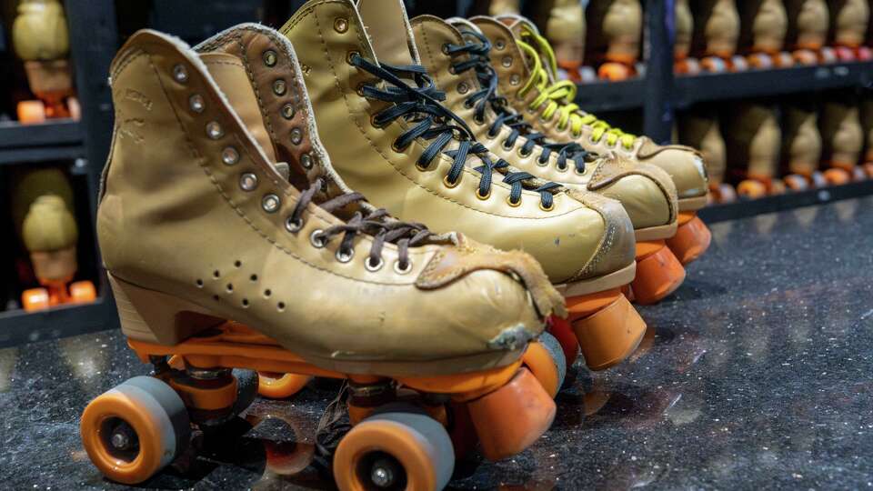 Roller skates are seen near the roller rink inside Funplex in Houston, Tuesday, Sept. 9, 2025.