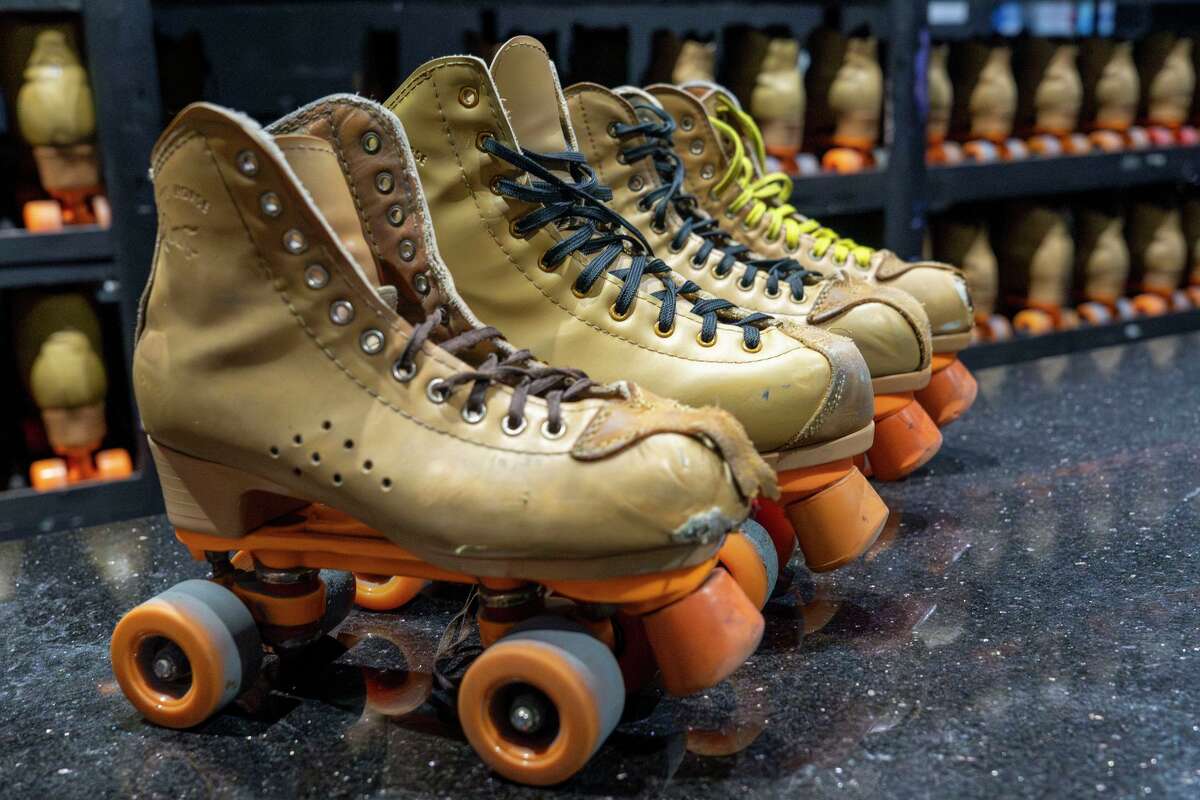 Roller skates are seen near the roller rink inside Funplex in Houston, Tuesday, Sept. 9, 2025.