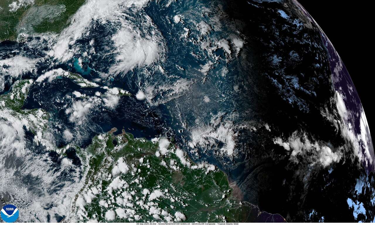 This visible satellite image captured Tuesday afternoon shows an Atlantic basin that's free of tropical development, despite the normally active peak season.