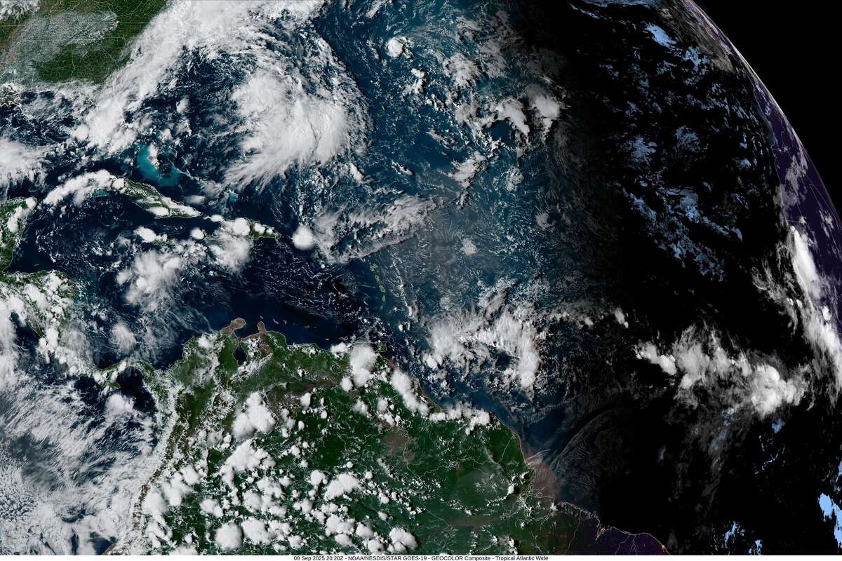 This visible satellite image captured Tuesday afternoon shows an Atlantic basin that's free of tropical development, despite the normally active peak season.