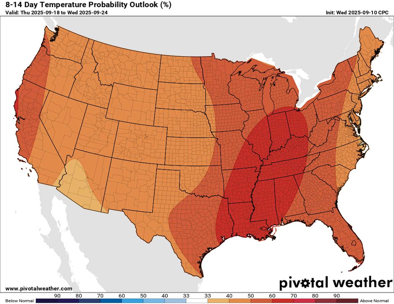 Temperatures through Sept. 24 are likely to remain above normal across much of the U.S., according to the Climate Prediction Center.