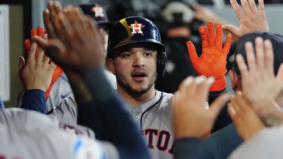 Houston Astros' Yainer Diaz celebrates his solo home run against the Toronto Blue Jays during ninth inning MLB baseball action in Toronto on Wednesday, September 10, 2025. (Nathan Denette/The Canadian Press via AP)